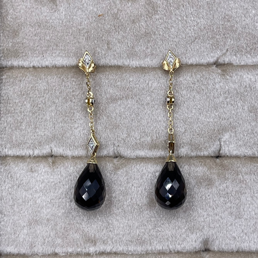 14K Yellow gold dangle onyx with diamond earring