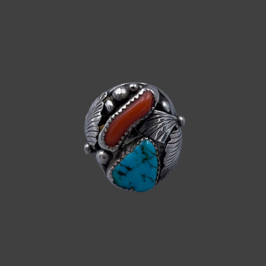 Coral, turquoise, ball bearing feather ring